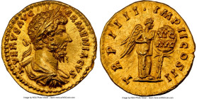 Lucius Verus, as Augustus (AD 161-169). AV aureus (19mm, 7.26 gm, 5h). NGC Gem MS 5/5 - 5/5, Fine Style. Rome, December AD 163-December AD 164. •L•VER...