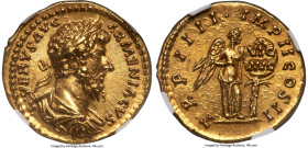 Lucius Verus, as Augustus (AD 161-169). AV aureus (19mm, 7.28 gm, 5h). NGC Gem MS 5/5 - 5/5, Fine Style. Rome, December AD 163-December AD 164. •L•VER...