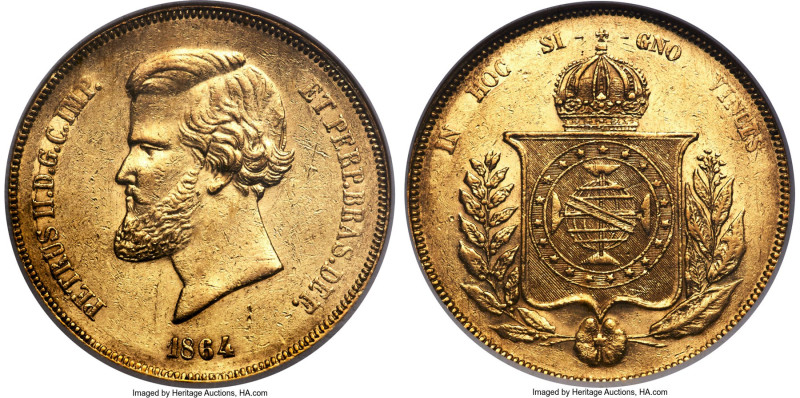 Pedro II gold 20000 Reis 1864 AU58 NGC, Rio de Janeiro mint, KM468, LMB-684, Gui...