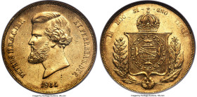 Pedro II gold 20000 Reis 1864 AU58 NGC, Rio de Janeiro mint, KM468, LMB-684, Guimaraes-1864-1.1. Minimally handled and presenting bold peripheries wit...