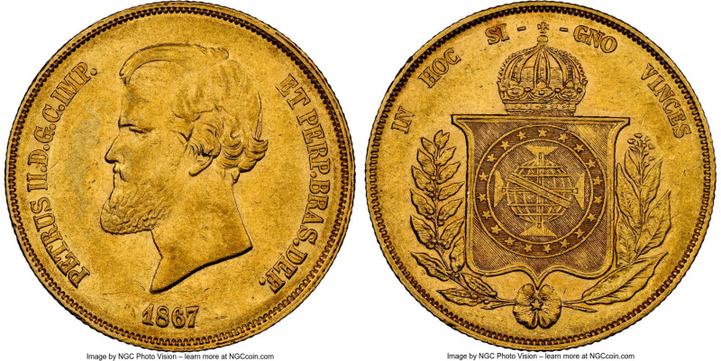 Pedro II gold 20000 Reis 1867 AU58 NGC, Rio de Janeiro mint, KM468, LMB-686, Gui...