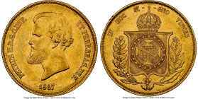 Pedro II gold 20000 Reis 1867 AU58 NGC, Rio de Janeiro mint, KM468, LMB-686, Guimaraes-1867-1.1. The penultimate date from this long-lasting series of...