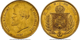 Pedro II gold 20000 Reis 1867 AU55 NGC, Rio de Janeiro mint, KM468, LMB-686, Guimaraes-1867-1.1. Only lightly circulated and retaining luminous crevic...