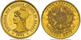 Republic gold 10000 Reis 1892 MS62 NGC, Rio de Janeiro mint, KM496, LMB-689, Guimaraes-1892-2.1. Mintage: 2,289. An enchanting specimen boasting lustr...