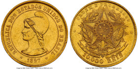 Republic gold 10000 Reis 1897 MS62 NGC, Rio de Janeiro mint, KM496, LMB-693, Guimaraes-1897-6.1. Mintage: 421. Much finer than RLM's AU58, this radian...
