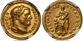 Diocletian (AD 284-305). AV aureus (17mm, 5.40 gm, 12h). NGC AU 5/5 - 3/5. Trier, AD 303. DIOCLE-TIANVS AVG, laureate head of Diocletian right / PIETA...