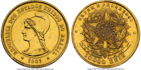 Republic gold 10000 Reis 1901 UNC Details (Cleaned) NGC, Rio de Janeiro mint, KM496, LMB-696, Guimaraes-1901-9.1. Mintage: 111. Presenting minimal sig...