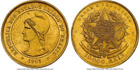 Republic gold 10000 Reis 1903 MS63 NGC, Rio de Janeiro mint, KM496, LMB-698, Guimaraes-1903-10.1. Mintage: 391. A deeply-engraved and glossy piece sho...