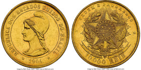 Republic gold 10000 Reis 1904 UNC Details (Removed From Jewelry) NGC, Rio de Janeiro mint, KM496, LMB-699, Guimaraes-1903-11.1. Mintage: 541. Apart fr...