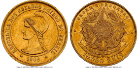 Republic gold 10000 Reis 1906 UNC Details (Cleaned) NGC, Rio de Janeiro mint, KM496, LMB-700, Guimaraes-1906-12.1. Mintage: 572. Likely cleaned long a...