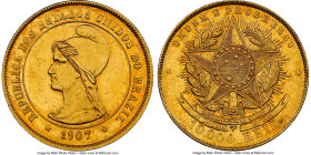 Republic gold 10000 Reis 1907 MS61 NGC, Rio de Janeiro mint, KM496, LMB-701, Guimaraes-1907-13.1. Mintage: 878. A deeply-engraved offering with a plea...