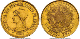 Republic gold 10000 Reis 1909 MS64 NGC, Rio de Janeiro mint, KM496, LMB-703, Guimaraes-1909-15.1. Mintage: 1,069. A marvelous near-Gem piece with deep...