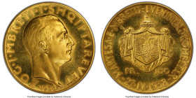 Zog I gold "Royal Wedding" 100 Franga Ari 1938-R MS65 PCGS, Rome mint, KM23, Fr-13, Mont-11 (R). Mintage: 500. Struck for the marriage of King Zog to ...
