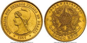 Republic gold 10000 Reis 1911 MS62+ NGC, Rio de Janeiro mint, KM496, LMB-704, Guimaraes-1911-16.1. Mintage: 137. Certainly worthy of its plus designat...