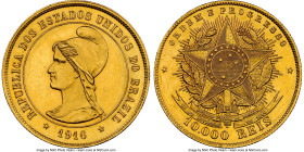 Republic gold 10000 Reis 1916 MS65+ NGC, Rio de Janeiro mint, KM496, LMB-707, Guimaraes-1916-19.1. Mintage: 4,720. A piece for the most discerning coi...