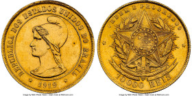 Republic gold 10000 Reis 1919 UNC Details (Cleaned) NGC, Rio de Janeiro mint, KM496, LMB-708, Guimaraes-1919-20.1. Mintage: 526. A fully struck repres...