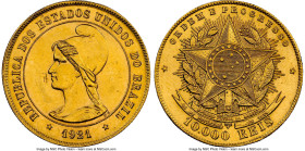 Republic gold 10000 Reis 1921 UNC Details (Removed From Jewelry) NGC, Rio de Janeiro mint, KM496, LMB-709, Guimaraes-1921-21.1. Mintage: 2,435. The pe...