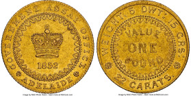 South Australia. British Colony - Victoria gold "Adelaide" Pound 1852 AU55 NGC, KM2, Fr-3, Rennik-pg. 21, McDonald-pg. 41. Type II reverse with dentil...