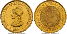 Republic gold 20000 Reis 1894 MS62 NGC, Rio de Janeiro mint, KM497, LMB-714, Guimaraes-1894-4.1. Mintage: 4,267. Cascading pronounced cartwheel sheen ...