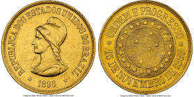 Republic gold 20000 Reis 1896 AU Details (Obverse Cleaned) NGC, Rio de Janeiro mint, KM497, LMB-716, Guimaraes-1896-6.1. Mintage: 7,043. Exhibiting a ...