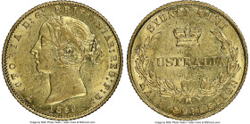 Victoria gold 1/2 Sovereign 1859-SYDNEY MS61 NGC, Sydney mint, KM3, Marsh-384 (S). From the third year of issue of the Type II 1/2 Sovereigns minted i...