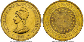 Republic gold 20000 Reis 1897 MS61 NGC, Rio de Janeiro mint, KM497, LMB-717, Guimaraes-1897-7.1. Mintage: 10,600. Conservatively graded considering th...
