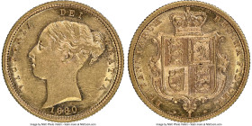 Victoria gold 1/2 Sovereign 1880-S AU58 NGC, Sydney mint, KM5, S-3863E, Marsh-464C (R3). Variety with cross buried, round reverse denticles, and Arabi...