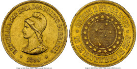 Republic gold 20000 Reis 1899 MS61 NGC, Rio de Janeiro mint, KM497, LMB-719, Guimaraes-1899-9.1. Mintage: 9,558. Displaying abundant cartwheel luster ...