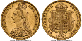 Victoria gold 1/2 Sovereign 1891-S MS61 NGC, Sydney mint, KM9, S-3871C, Marsh-487A (R4). JEB initials on truncation of neck variety. A scarce variety ...