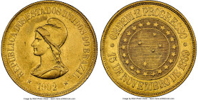 Republic gold 20000 Reis 1902 AU58 NGC, Rio de Janeiro mint, KM497, LMB-722, Guimaraes-1902-12.1. Mintage: 884. Presenting harvest gold surfaces with ...