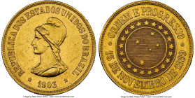 Republic gold 20000 Reis 1903 UNC Details (Cleaned) NGC, Rio de Janeiro mint, KM497, LMB-723, Guimaraes-1903-13.1. Mintage: 675. Showing fully-struck ...
