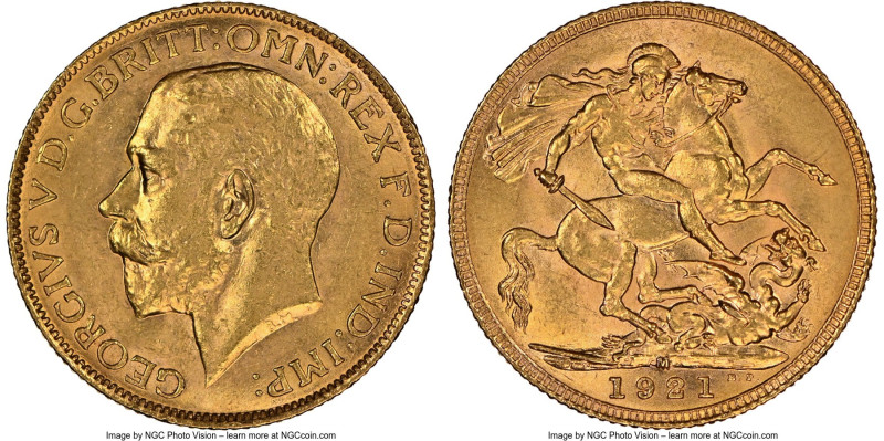 George V gold Sovereign 1921-M MS62 NGC, Melbourne mint, KM29, S-3999. Mintage: ...