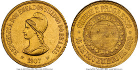 Republic gold 20000 Reis 1907 MS61 NGC, Rio de Janeiro mint, KM497, LMB-726, Guimaraes-1907-16.1. Mintage: 3,310. A fresh Mint State offering with few...
