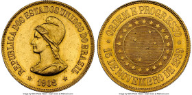 Republic gold 20000 Reis 1908 MS63 NGC, Rio de Janeiro mint, KM497, LMB-727, Guimaraes-1908-17.1. Mintage: 6,001. Blooming Choice Mint State surfaces ...