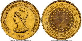 Republic gold 20000 Reis 1909 UNC Details (Cleaned) NGC, Rio de Janeiro mint, KM497, LMB-728, Guimaraes-1909-18.1. Mintage: 4,427. A crisp representat...