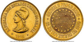Republic gold 20000 Reis 1910 UNC Details (Cleaned) NGC, Rio de Janeiro mint, KM497, LMB-729, Guimaraes-1910-19.1. Mintage: 5,119. Fully-defined and r...