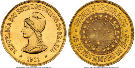 Republic gold 20000 Reis 1911 MS63 NGC, Rio de Janeiro mint, KM497, LMB-730, Guimaraes-1911-20.1. Mintage: 8,467. Scintillating Choice surfaces with a...