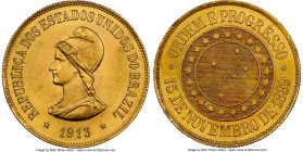 Republic gold 20000 Reis 1913 MS65 NGC, Rio de Janeiro mint, KM497, LMB-732, Guimaraes-1913-22.1. Mintage: 5,182. An appealing specimen cascading with...