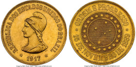 Republic gold 20000 Reis 1917 MS63 NGC, Rio de Janeiro mint, KM497, LMB-734, Guimaraes-1917-24.1. Mintage: 2,269. Retaining crisp peripheries and a li...