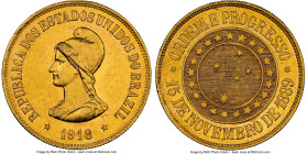 Republic gold 20000 Reis 1918 MS62 NGC, Rio de Janeiro mint, KM497, LMB-735, Guimaraes-1918-25.1. Mintage: 1,216. Scintillating lustrous outer periphe...