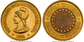 Republic gold 20000 Reis 1922 MS63 NGC, Rio de Janeiro mint, KM497, LMB-737, Guimaraes-1922-27.1. Mintage: 2,681. The very last year of this long-runn...