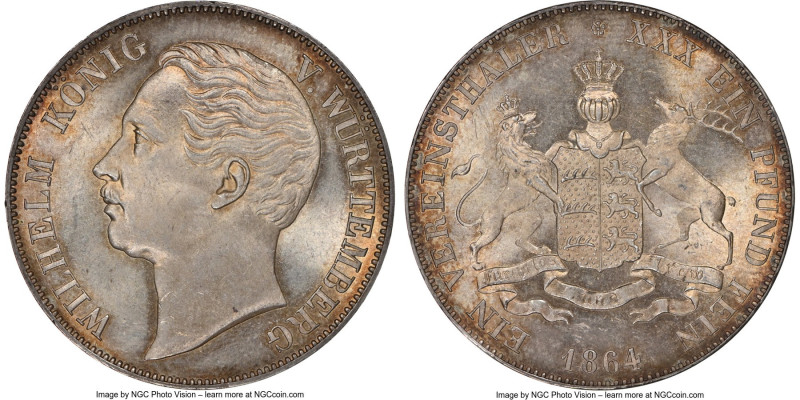 Württemberg. Wilhelm I Taler 1864 MS65 NGC, Stuttgart mint, KM601, Dav-959. A ca...