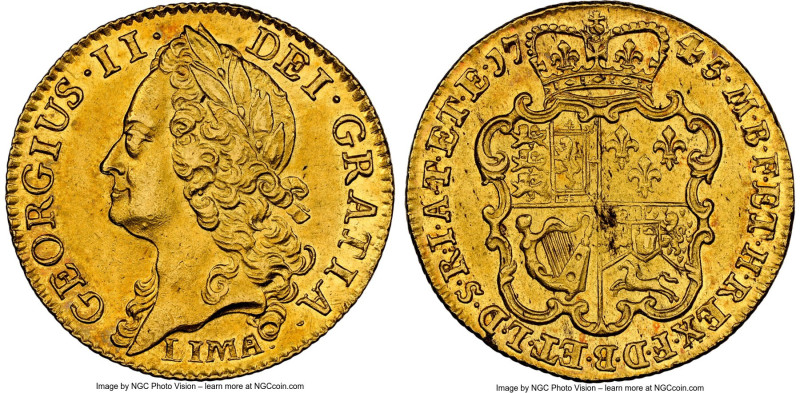 George II gold Guinea 1745 AU58 NGC, KM577.4, S-3679, Farey-0885. A scarce Guine...