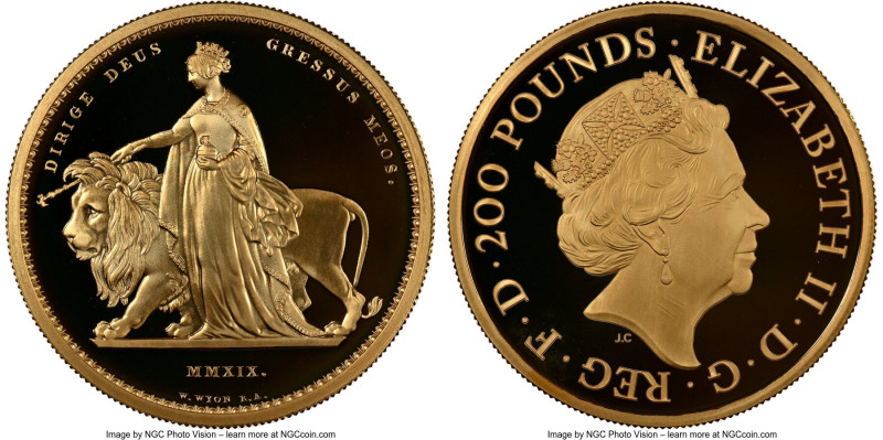 Elizabeth II gold Proof "Una and the Lion" 200 Pounds (2 oz) 2019 PR70 Ultra Cam...