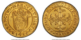 Venice. Alvise IV Mocenigo gold Scudo della Croce of 12 Zecchini ND (1771-1772)-MAT AU Details (Damage) PCGS, Venice mint, KM-Pn181, Fr-1484 (Rare), c...