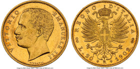 Vittorio Emanuele III gold 20 Lire 1902-R MS61 NGC, Rome mint, KM37.1, Gig-25 (R4), Pag-662 (R3). Mintage: 181. A considerable heavyweight within Vitt...
