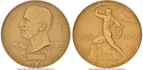 Vittorio Emanuele III gold Matte Proof 100 Lire 1925-R PR64+NGC, Rome mint, KM66, Mont-17 (R2), Gig-8 (R), Pag-645. Mintage: 5,000. Struck in commemor...
