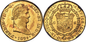 Ferdinand VII gold 8 Escudos 1821 GA-FS AU58 NGC, Guadalajara mint, KM161.1, Cal-1748. Plain bust variety. A rare Colonial type from the final year of...