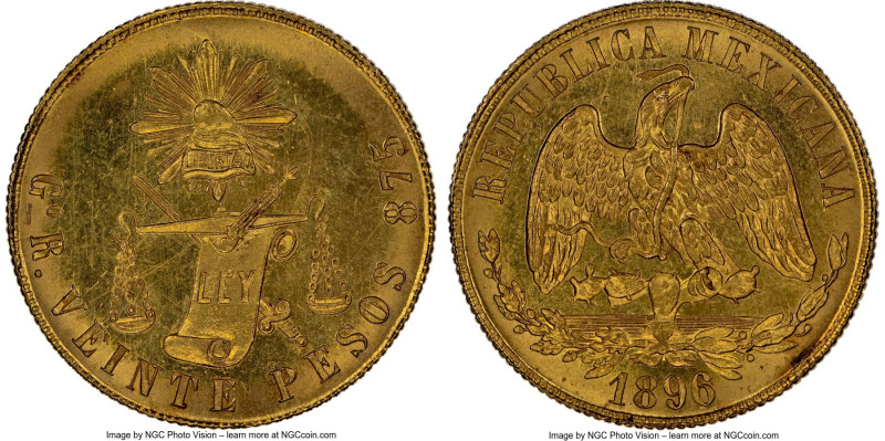 Republic gold 20 Pesos 1896/9 GO-R MS66+ NGC, Guanajuato mint, KM414.4. A "wonde...