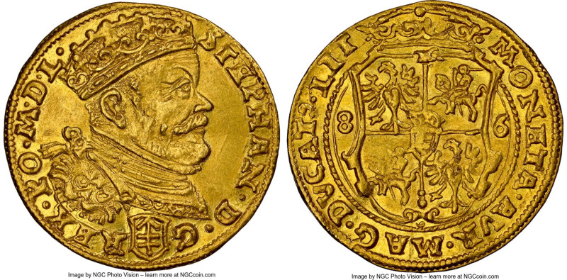 Lithuania. Stephan Bathory gold Ducat 1586/5 MS61 NGC, Vilniaus mint, Fr-3, Gum-...